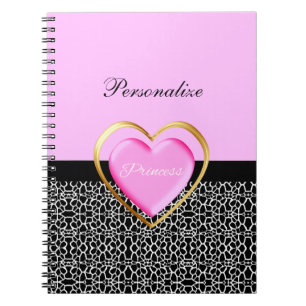 Girly Rosa Black Princess Giraffe Print och Namn Anteckningsbok Med Spiral