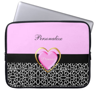 Girly Rosa Black Princess Giraffe Print och Namn Laptop Fodral