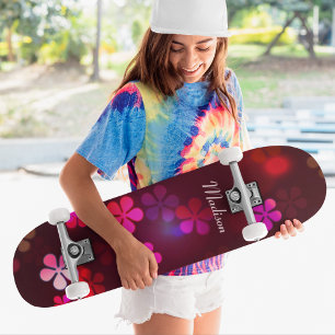 Girly Rosa Blommigt Anpassningsbar Personlig Namn Mini Skateboard Bräda 18,5 Cm
