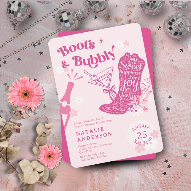Girly Rosa Blommigt Boots & Bubly Möhippa Inbjudningar (Girly Pink Floral Boots & Bubbly Bridal Shower Invitation)