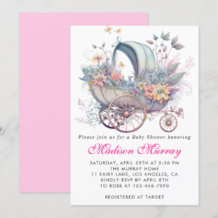 Girly Rosa Blommigt Buggy Barnvagn Baby Shower Inbjudningar