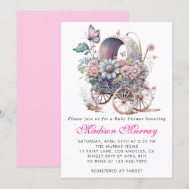 Girly  Rosa Blommigt Buggy Barnvagn Baby Shower Inbjudningar