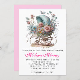 Girly  Rosa Blommigt Buggy Barnvagn Baby Shower Inbjudningar