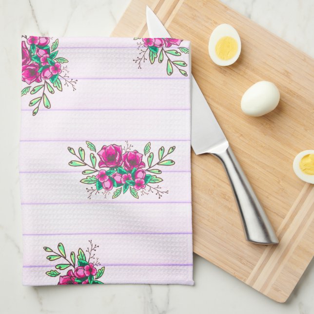 Girly Rosa Blommigt Doodles & Rosa Rand Hej Kökshandduk (Vikt i Fjärdedel)