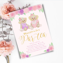 Girly Rosa Blommigt Nalle Tea Party Baby Shower Inbjudningar