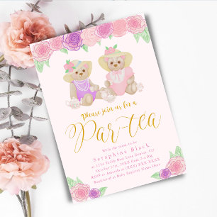 Girly Rosa Blommigt Nalle Tea Party Baby Shower Inbjudningar