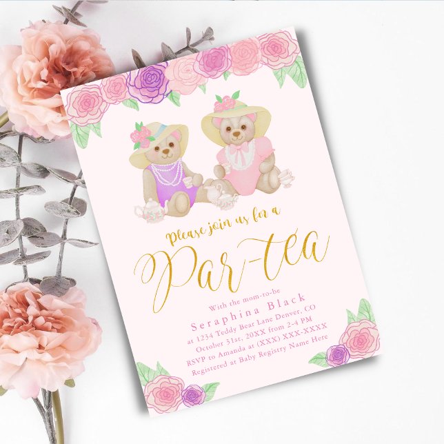 Girly Rosa Blommigt Nalle Tea Party Baby Shower Inbjudningar (Skapare uppladdad)