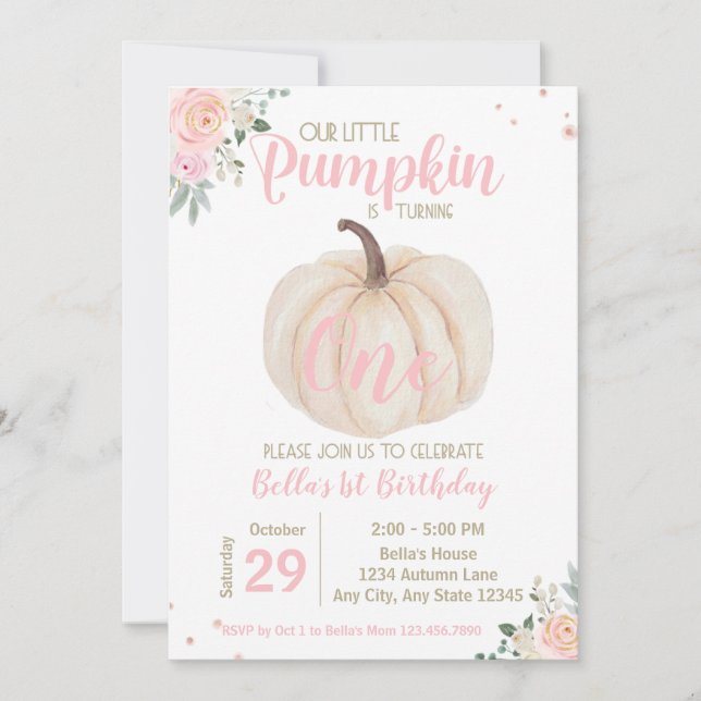 Girly  Rosa Blommigt Pumpkin 1:a födelsedagen Inbjudningar (Framsida)