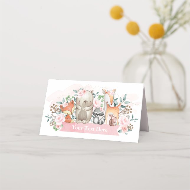 Girly Rosa Blommigt Woodland Animals Shower Birthd Placeringskort (Framsida)