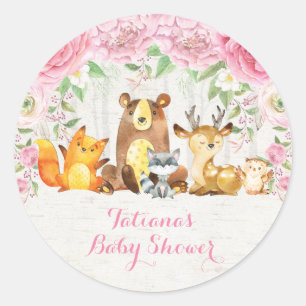 Girly Rosa Blommigt Woodland Baby djur Tack Runt Klistermärke