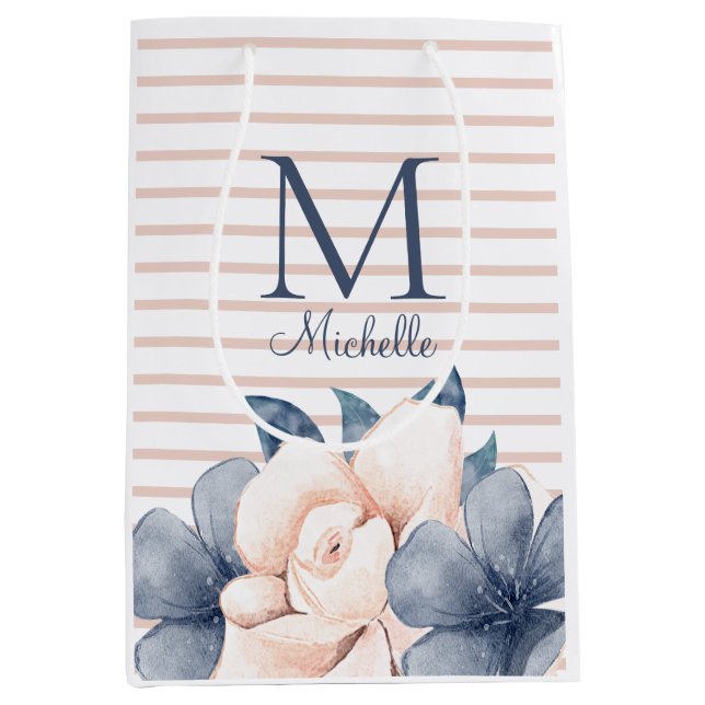 Girly Rosa Blue Blommigt Monogram Namn Stripe (Framsidan)