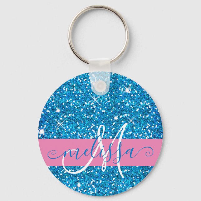 Girly Rosa Blue Glitter Sparkles Monogram Namn Nyckelring (Framsida)