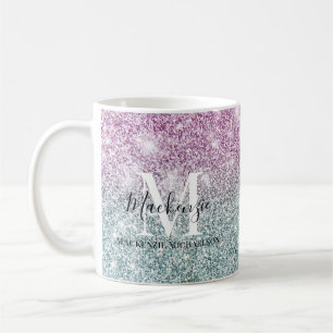 Girly Rosa Blue Lila Glitter Monogram Namn Kaffemugg