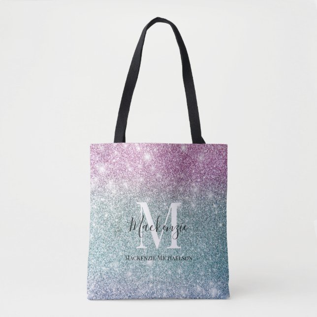 Girly Rosa Blue Lila Glitter Monogram Namn Tygkasse (Framsida)