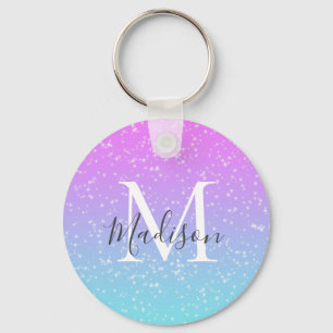 Girly Rosa Blue Rainbow Star Glitter Monogram Namn Nyckelring