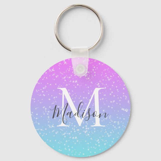Girly Rosa Blue Rainbow Star Glitter Monogram Namn Nyckelring (Framsida)