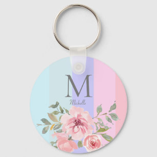 Girly Rosa Blue Stripe Blommigt Monogram Nyckelring