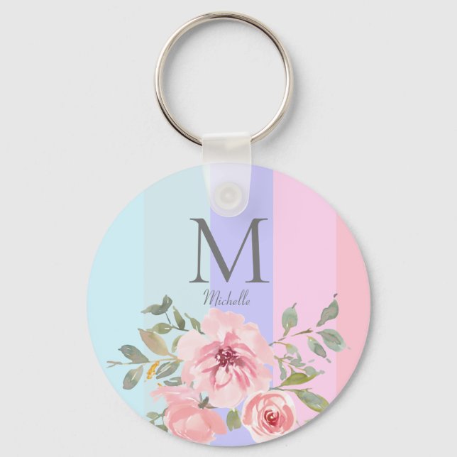 Girly Rosa Blue Stripe Blommigt Monogram Nyckelring (Framsida)