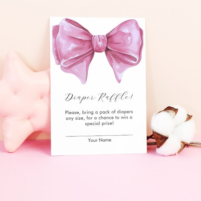 Girly Rosa Bow Baby Shower Raffle Tilläggskort (Girly Pink Bow Baby Shower Diaper Raffle Enclosure Card)