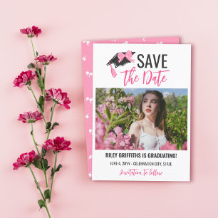 Girly Rosa Bow & Cap Studenten Spara Datumet