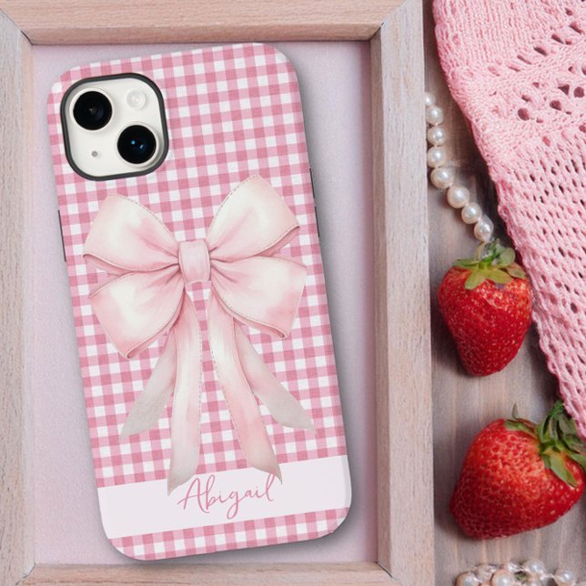 Girly Rosa Bow Gingham Play Personlig (Personalized iphone case with pink bow on pink gingham by Darling and May)