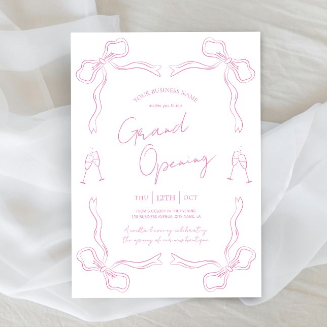 Girly Rosa Bow Hand plockade Business Grand Open Inbjudningar (Girly pink and white company launch party invitation design with hand drawn illustrations)