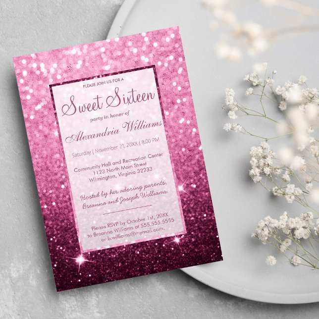 Girly rosa burgundy faux glitter bokeh Sweet 16 Inbjudningar (Girly pink burgundy faux glitter bokeh Sweet 16 Invitation)