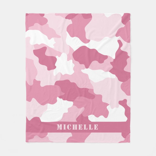 Girly Rosa Camo Camouflage Monogram Namn Fleecefilt (Framsidan)