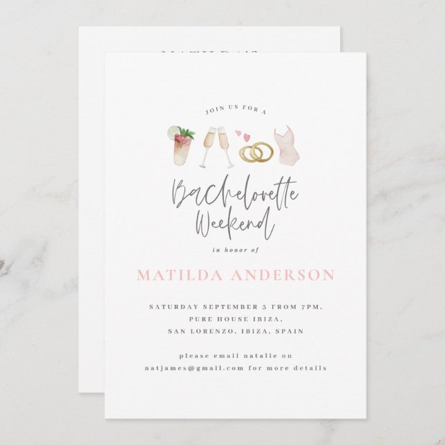 Girly rosa champagne chic bachelorette itinertsyst meddelande (Fram/baksida)