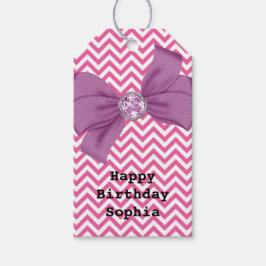 Girly Rosa Chevron Jewel Lila Bow Birthday Presentetikett