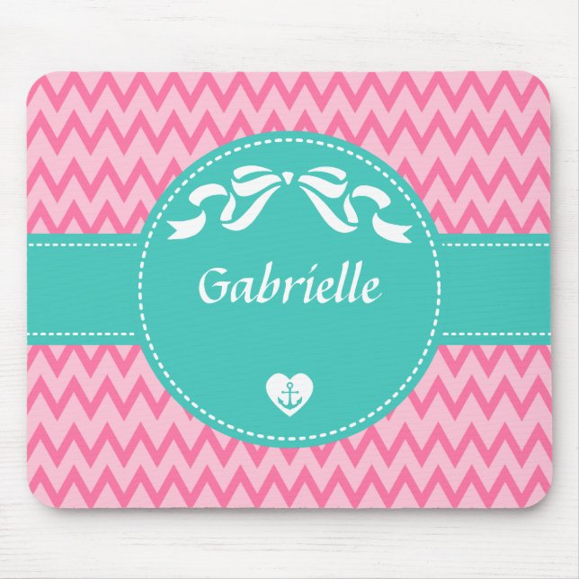 Girly Rosa Chevron Mönster Cute Mint Bow med Namn Musmatta (Framsidan)