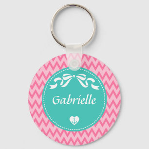 Girly Rosa Chevron Mönster Cute Mint Bow med Namn Nyckelring