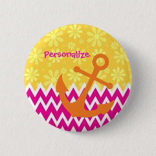 Girly Rosa Chevrons Orange Anchor with Namn Knapp