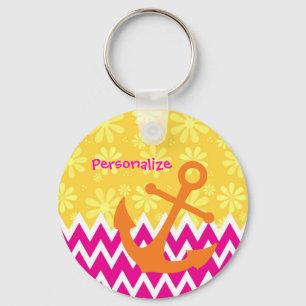 Girly Rosa Chevrons Orange Anchor with Namn Nyckelring
