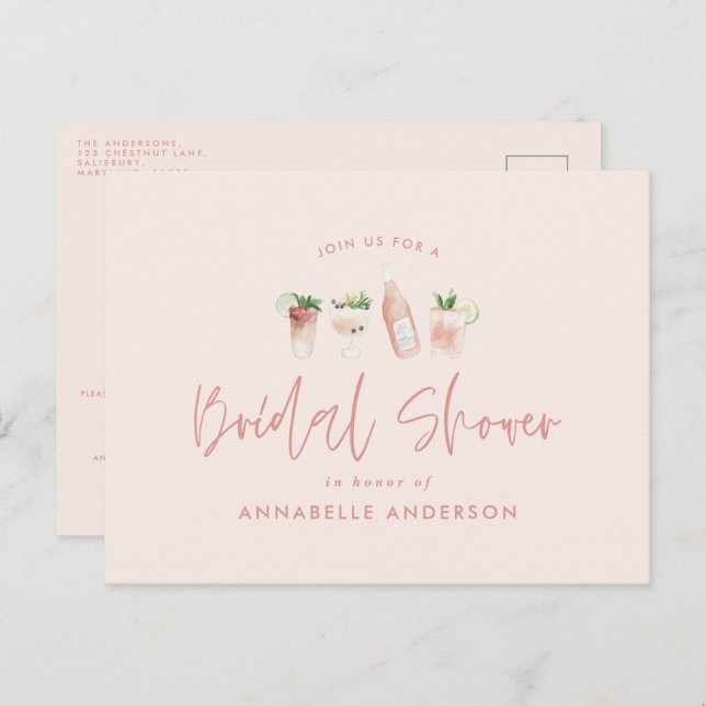 Girly rosa cocktail snyggt modern möhippa inbjudan vykort (Fram/baksida)