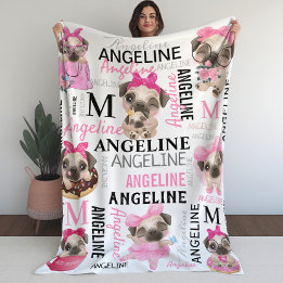 Girly  Rosa Collage Namn Cute Pugs Fleecefilt