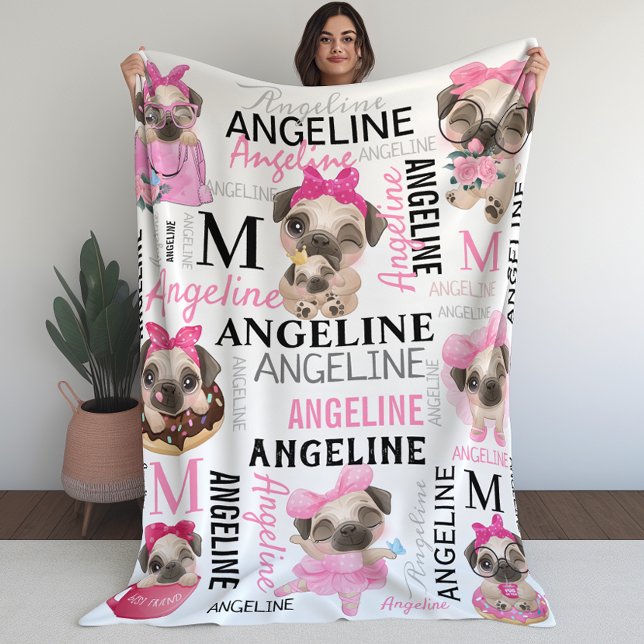 Girly  Rosa Collage Namn Cute Pugs Fleecefilt (Girly Blush Pink Collage Name Cute Pugs Fleece Blanket)