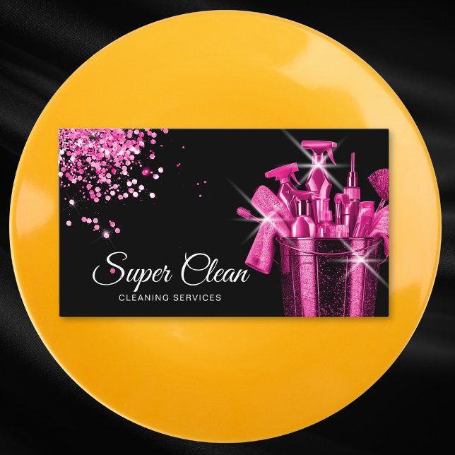 Girly Rosa Commercial House Städning bostadshållni Visitkort (hot pink glitter cleaning buck with cleaning tools)