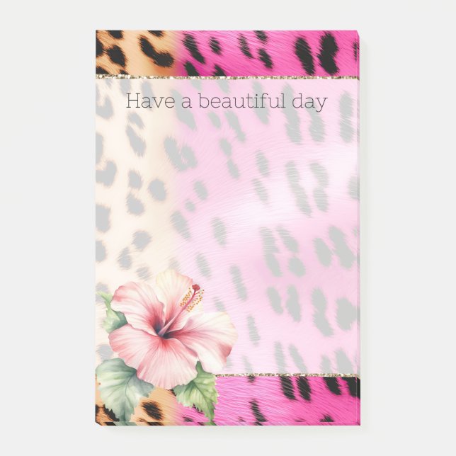 Girly Rosa Cream Black Leopard Hibiscus Flower Post-it Block (Framsida)