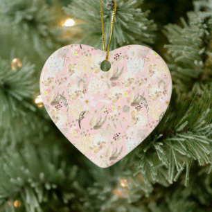 Girly Rosa Cream White Blommigt Julgransprydnad Keramik