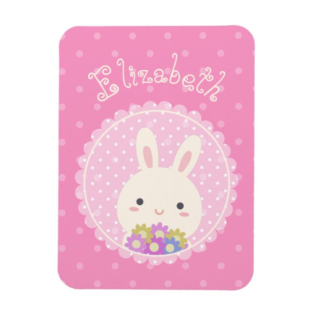 Girly Rosa Cute Kawaii Bunny & Flowers eget namn Magnet (Vertikal)