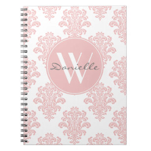 Girly Rosa Damask Monogram Anteckningsbok Med Spiral