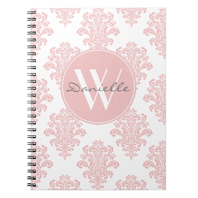 Girly Rosa Damask Monogram Anteckningsbok Med Spiral (Framsidan)