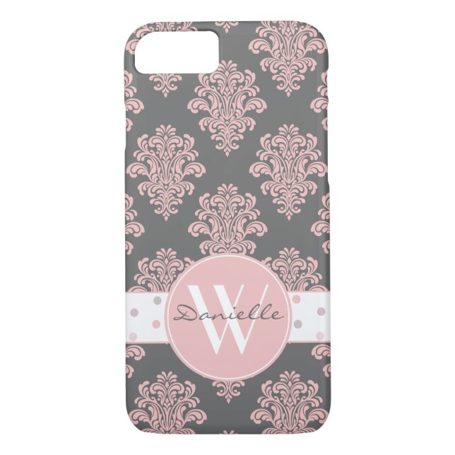 Girly Rosa Damask Monogram Case-Mate iPhone Skal (Baksida)