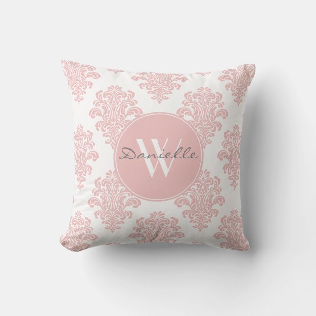 Girly Rosa Damask Monogram Kudde (Framsida)