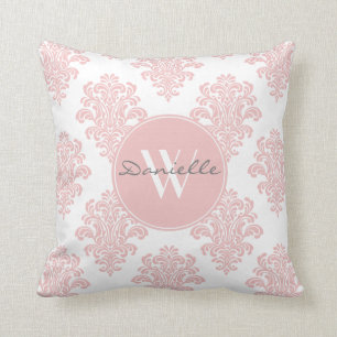 Girly Rosa Damask Monogram Kudde