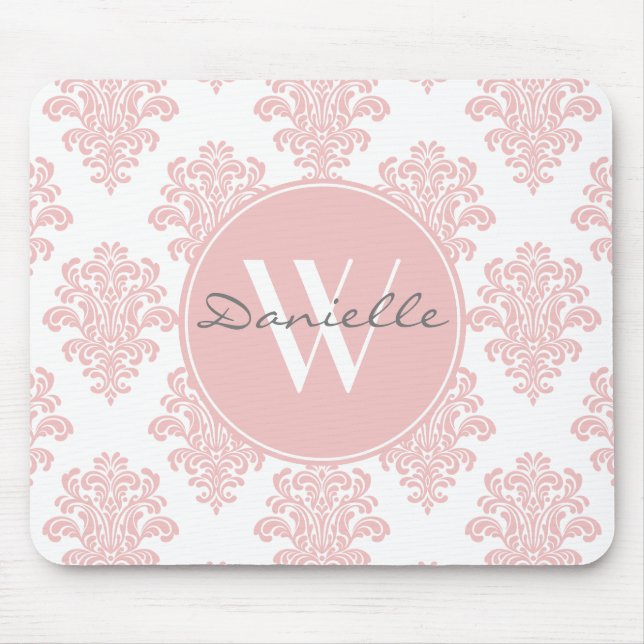 Girly Rosa Damask Monogram Musmatta (Framsidan)