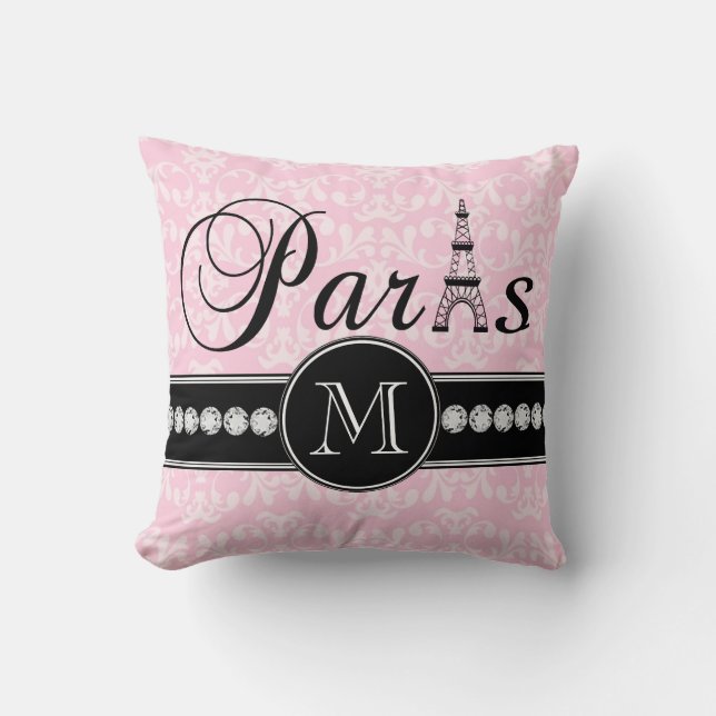 Girly Rosa Damask Paris Monogrammed Kudde (Framsida)