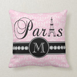 Girly Rosa Damask Paris Monogrammed Kudde
