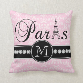 Girly Rosa Damask Paris Monogrammed Kudde